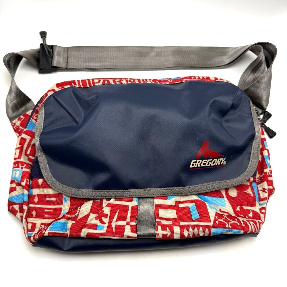 Gregory Water Resistant Flap Front Messenger Shoulder Bag Red Blue Cityscape